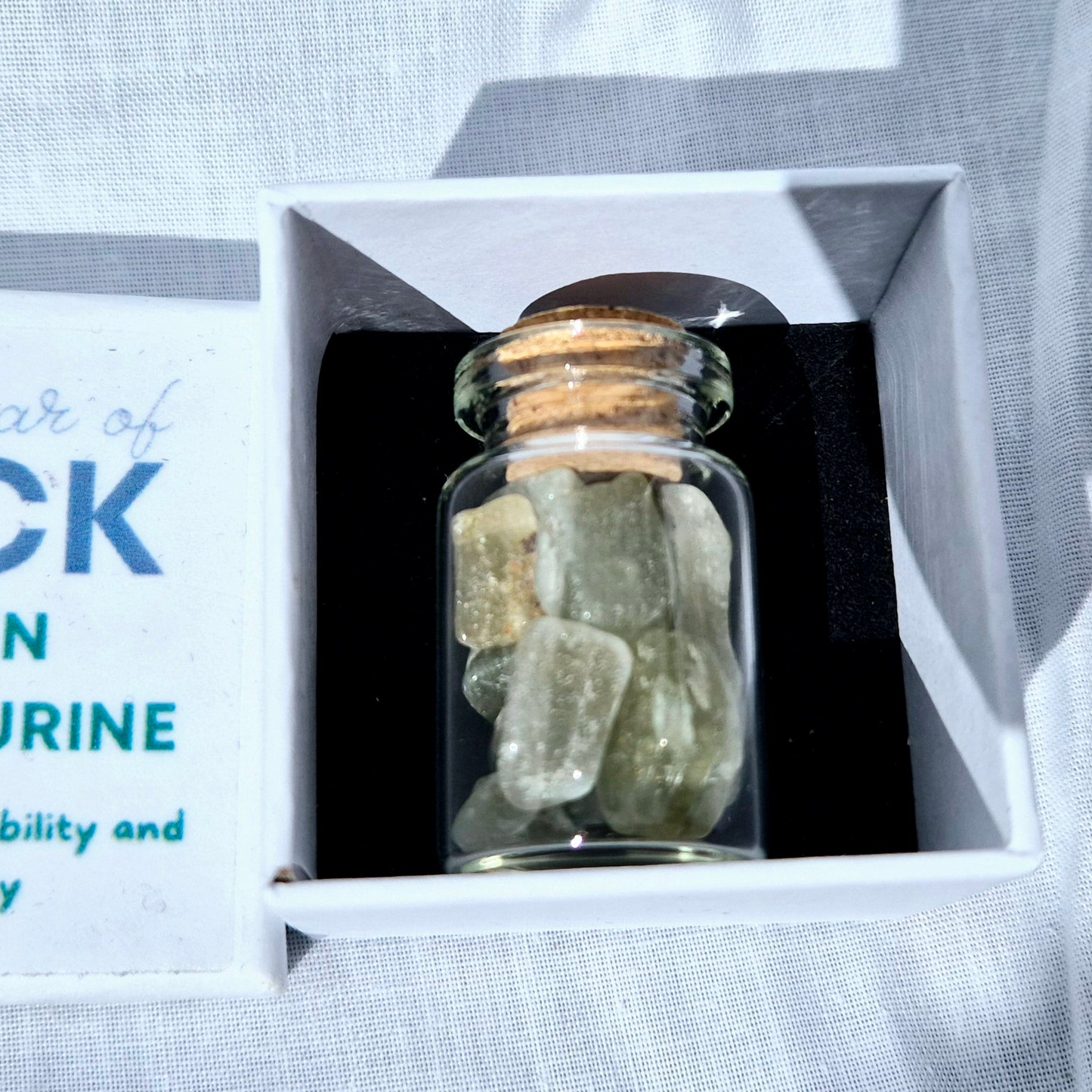Little Jar of Luck, filled with vibrant Green Aventurine crystal chips
