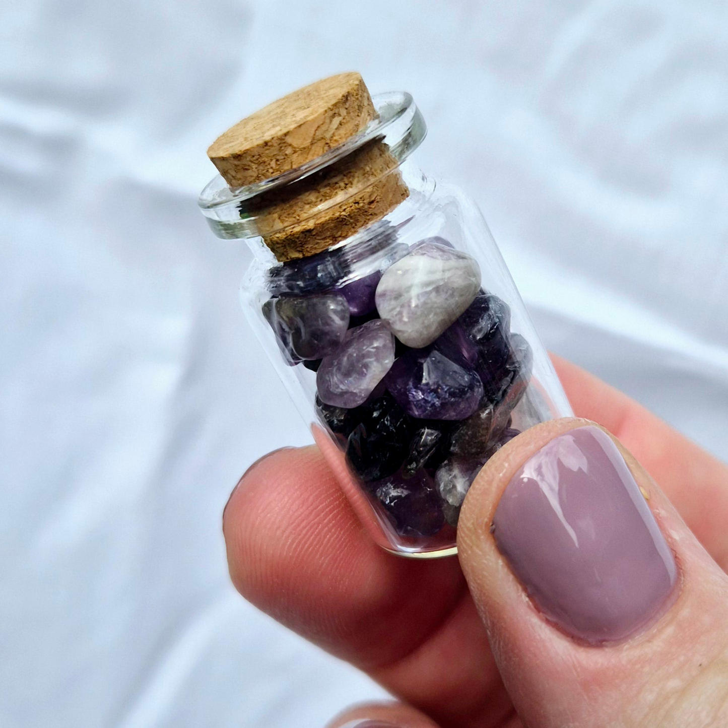 our Little Jar of Calm, filled with soothing Amethyst crystal chips
