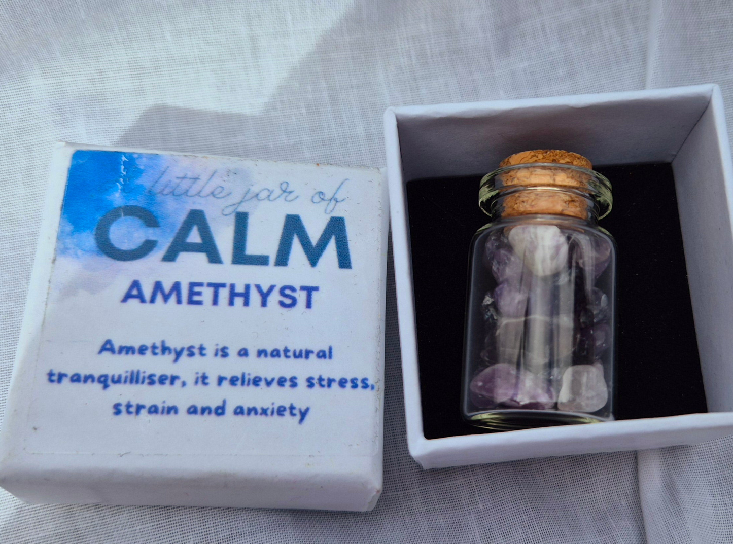 our Little Jar of Calm, filled with soothing Amethyst crystal chips