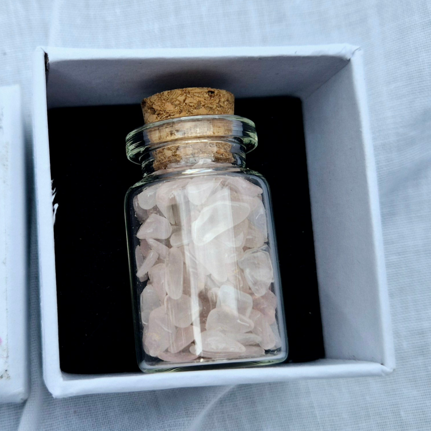 Little Jar of Love, filled with gentle Rose Quartz crystal chips