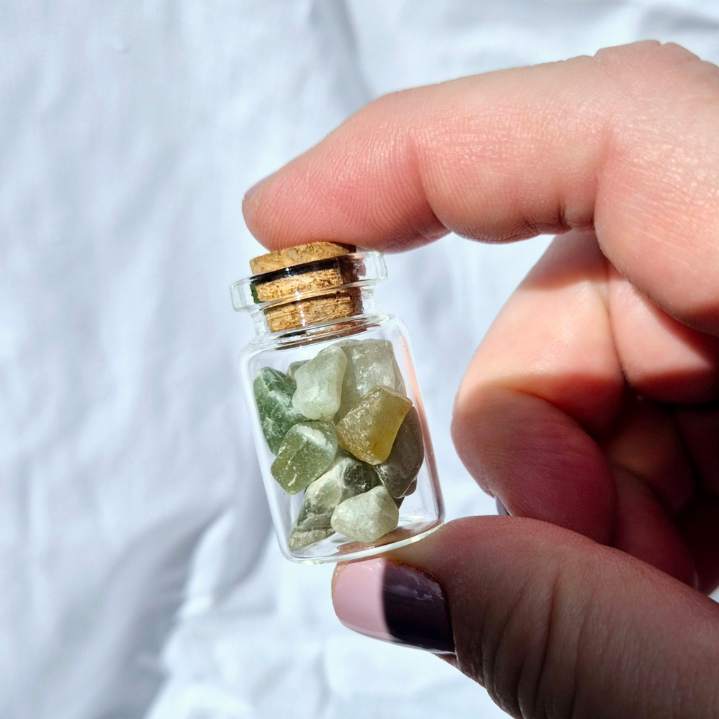 Little Jar of Luck, filled with vibrant Green Aventurine crystal chips