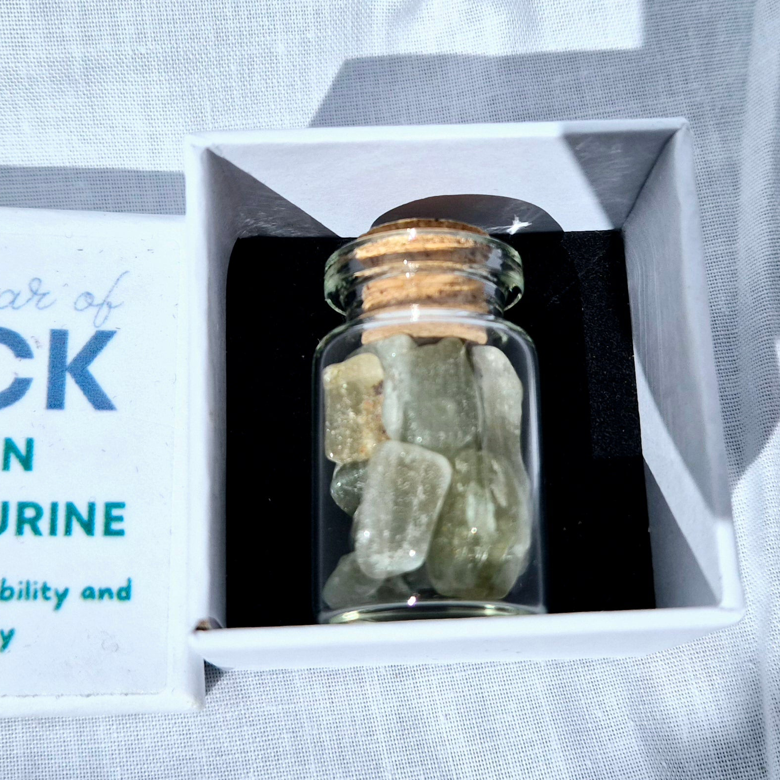 Little Jar of Luck, filled with vibrant Green Aventurine crystal chips
