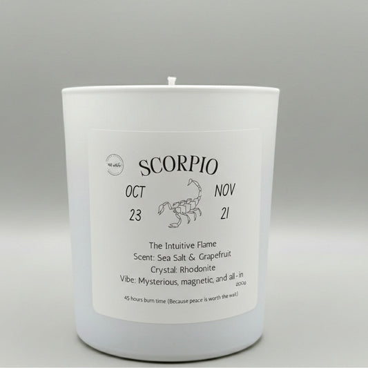 White candle with Scorpio zodiac label on a gray background