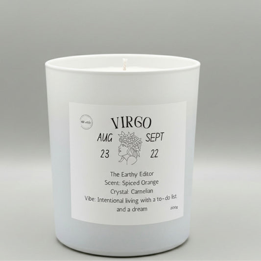 White candle with a label featuring the Virgo zodiac sign on a gray background