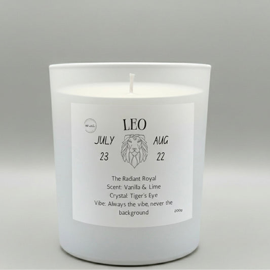 Candle with a label indicating the zodiac sign Leo on a gray background