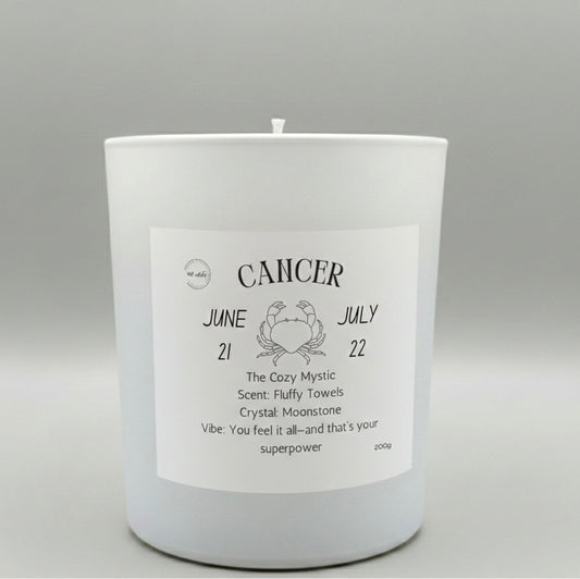 White candle with a label indicating 'Cancer' on a gray background