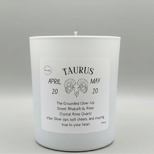 Candle with Taurus zodiac design on a gray background