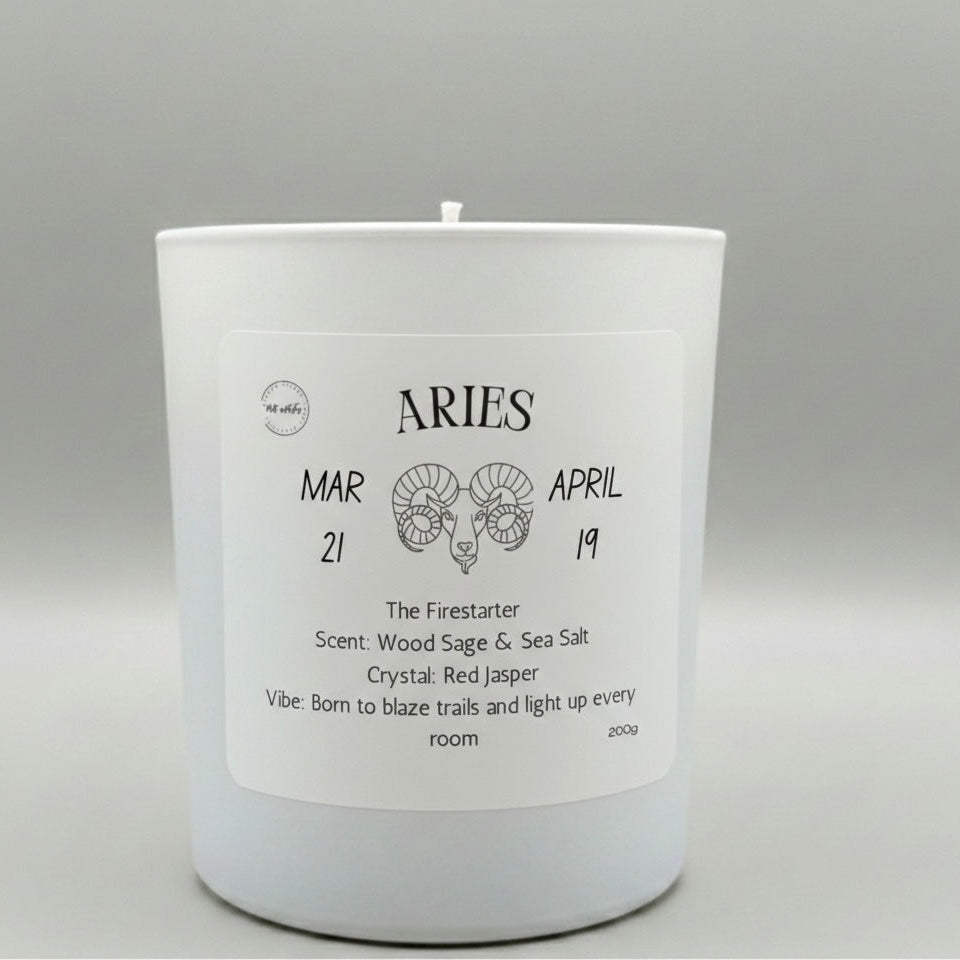 White candle with Aries zodiac information on a gray background