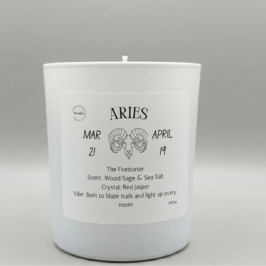 White candle with Aries zodiac information on a gray background