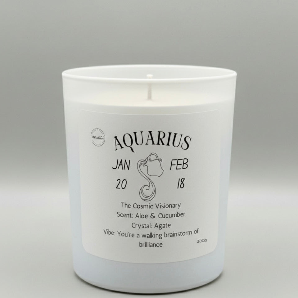 Candle with Aquarius zodiac label on a gray background