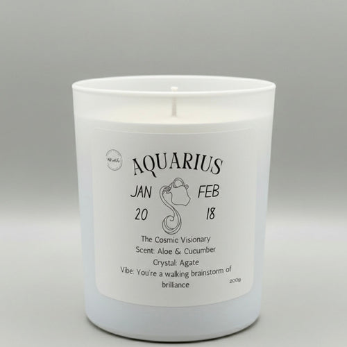 Candle with Aquarius zodiac label on a gray background