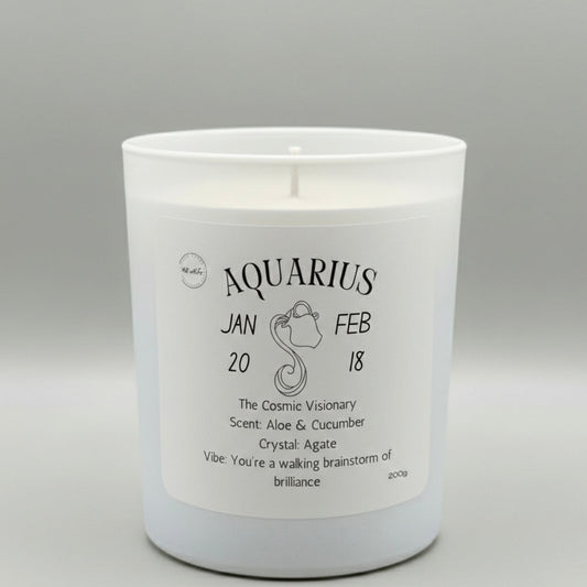 Candle with Aquarius zodiac label on a gray background