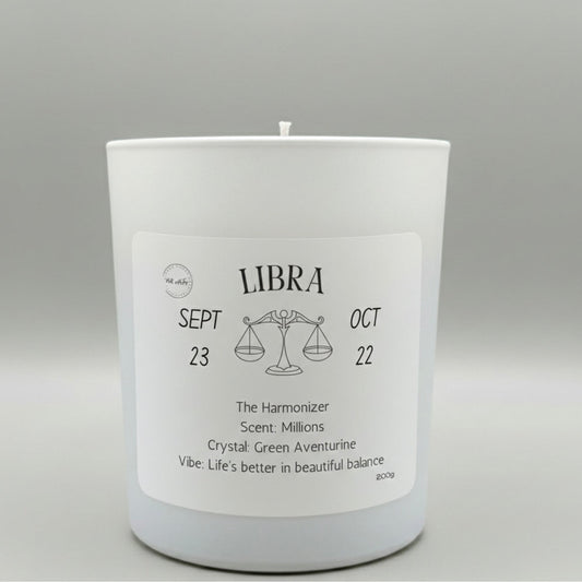 White candle with Libra zodiac information on a gray background