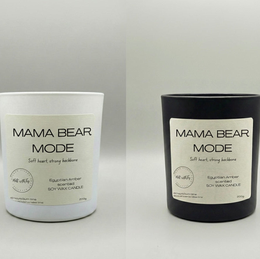 Two candles labeled 'Mama Bear Mode' on a gray background