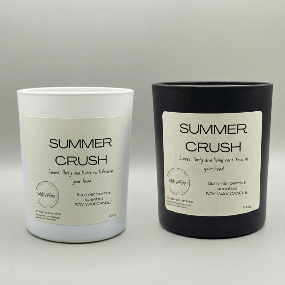 Two candles labeled 'Summer Crush' on a gray background