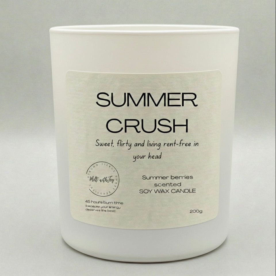 White candle with 'Summer Crush' label on a light gray background