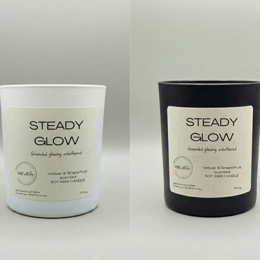 Two candles labeled 'Steady Glow' on a gray background