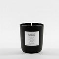 Black candle with a white label on a light gray background