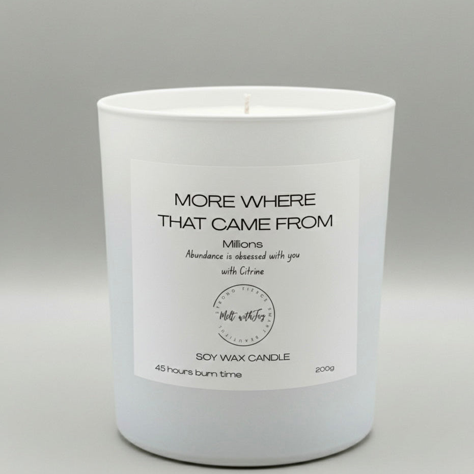 White candle with a label on a gray background