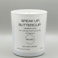 White candle with a label on a gray background