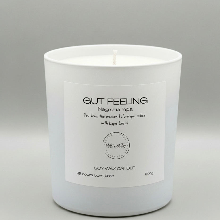White candle with a label on a gray background